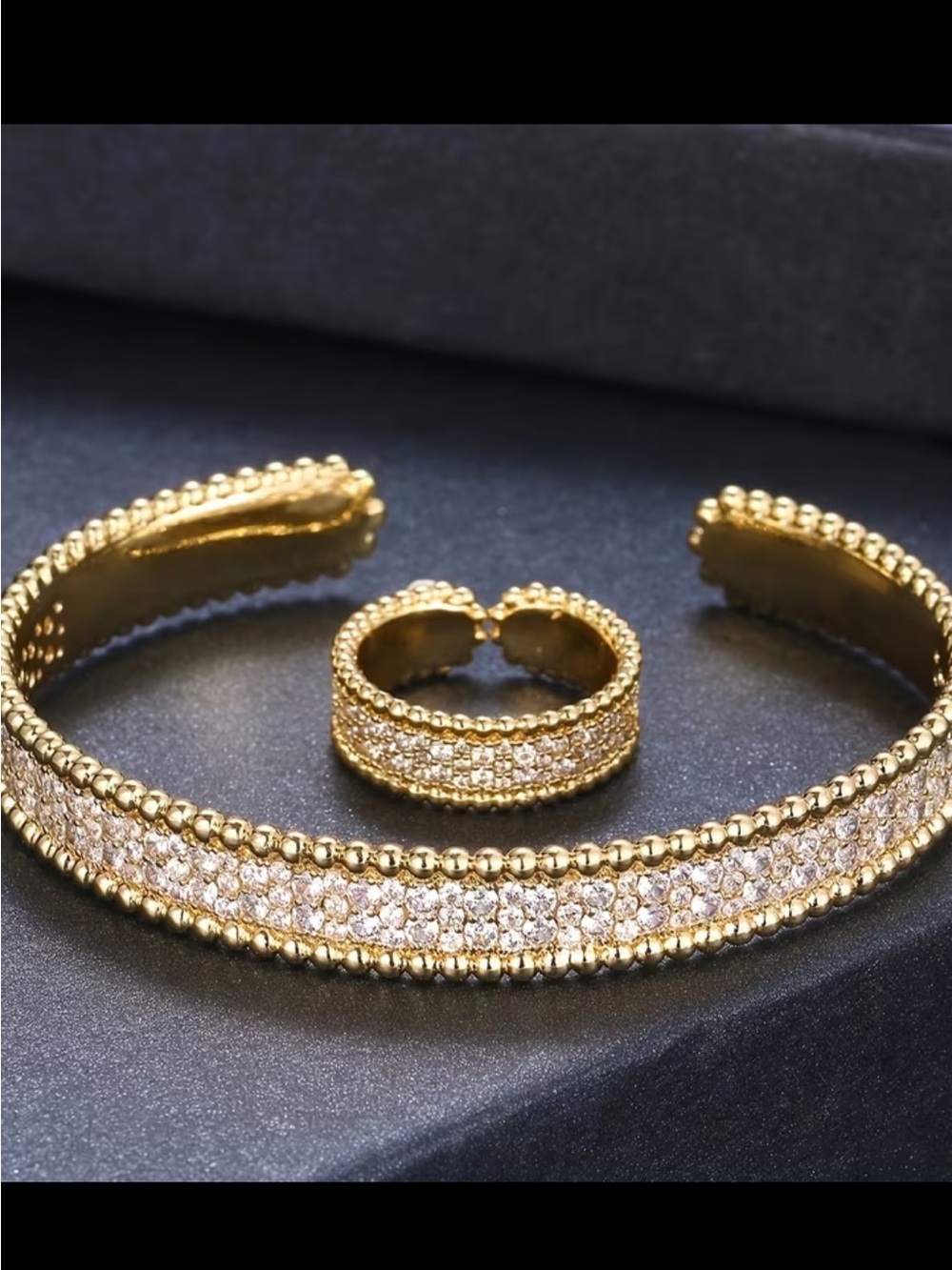 Affordable Fashion Finds Gold Crystal Pavé Cuff Bracelet and Matching Ring